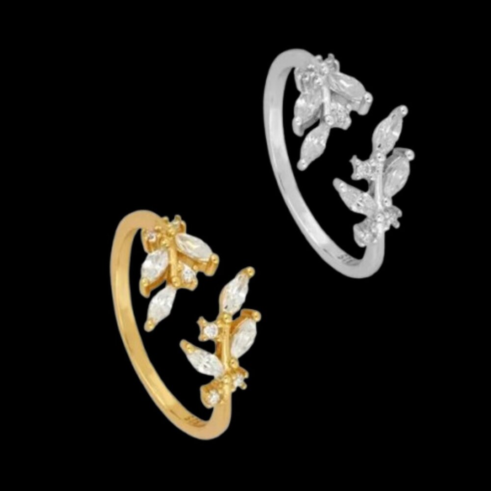 Crystal Leaf Ring in 24kt Yellow Gold Plated or Sterling Silver